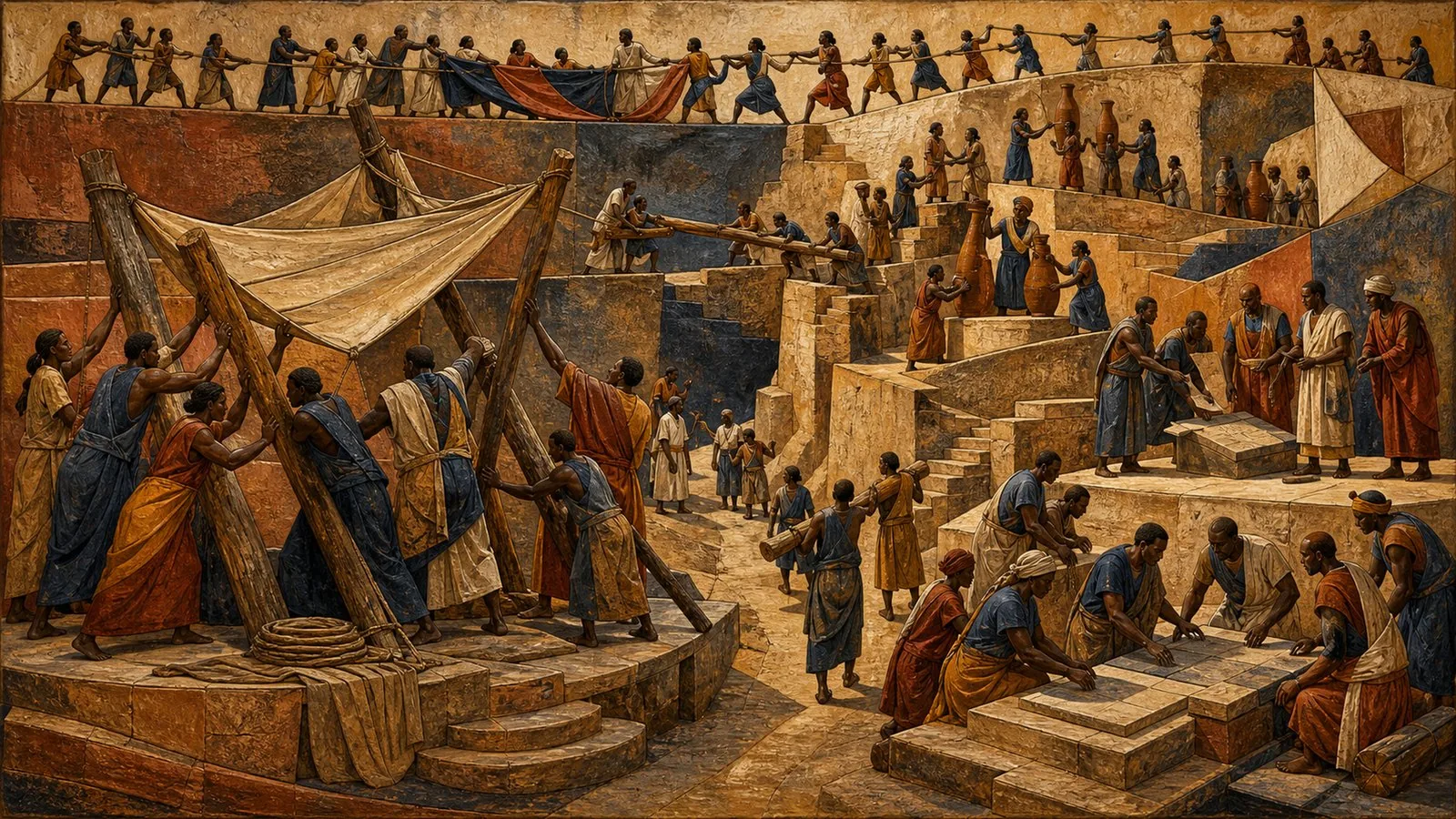 Panoramic terraced landscape populated by anonymous figures performing civic work, symbolically representing: Contested control amid Somalia's security transition, Public systems tighten their focus on school access, Competing expectations for an inclusive Sudanese dialogue, Civic protection and court readiness ahead of Kenya's vote, Public networks extend everyday service access. Non-documentary editorial interpretation, not a photograph.