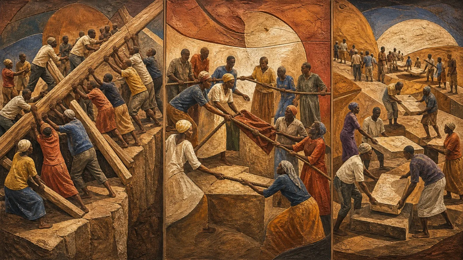 Panoramic triptych populated by anonymous figures performing civic work, symbolically representing: Overlapping security pressures across Somalia, Political regrouping under public scrutiny in Kenya, Participation in wider African frameworks. Non-documentary editorial interpretation, not a photograph.