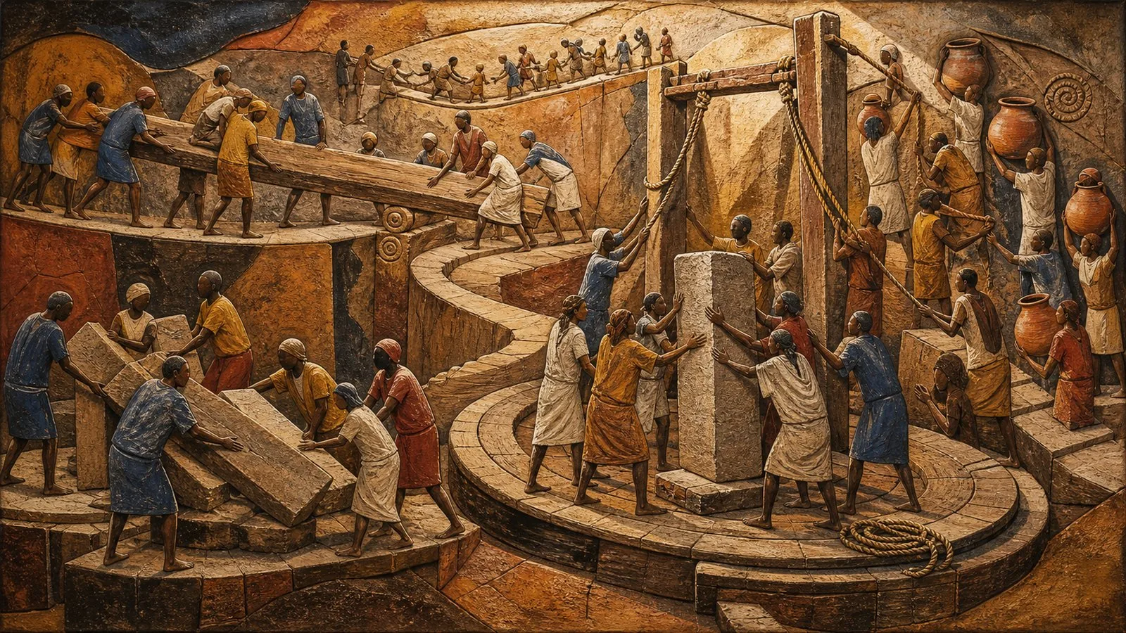 Panoramic continuous panorama populated by anonymous figures performing civic work, symbolically representing: Public procedures under electoral and oversight pressure, Goods moving toward market across a shared trade space, Security attention across strategic sites and sea routes, Shelter and civilian movement under pressure, Skills connecting logistics work and digital participation. Non-documentary editorial interpretation, not a photograph.
