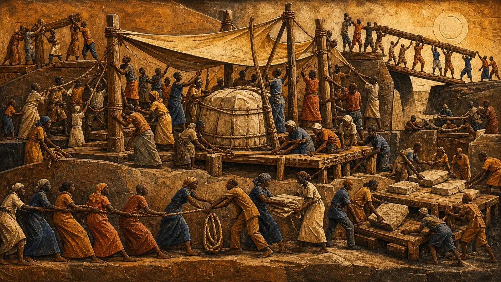 Panoramic processional frieze populated by anonymous figures performing civic work, symbolically representing: Security pressure across Ethiopia & Kenya & Somalia, Diplomatic movement across Djibouti & Ethiopia & Sudan, Institutional pressure across Ethiopia & Kenya & Somalia, Kenya: economic pressure, Ethiopia: notable developments. Non-documentary editorial interpretation, not a photograph.