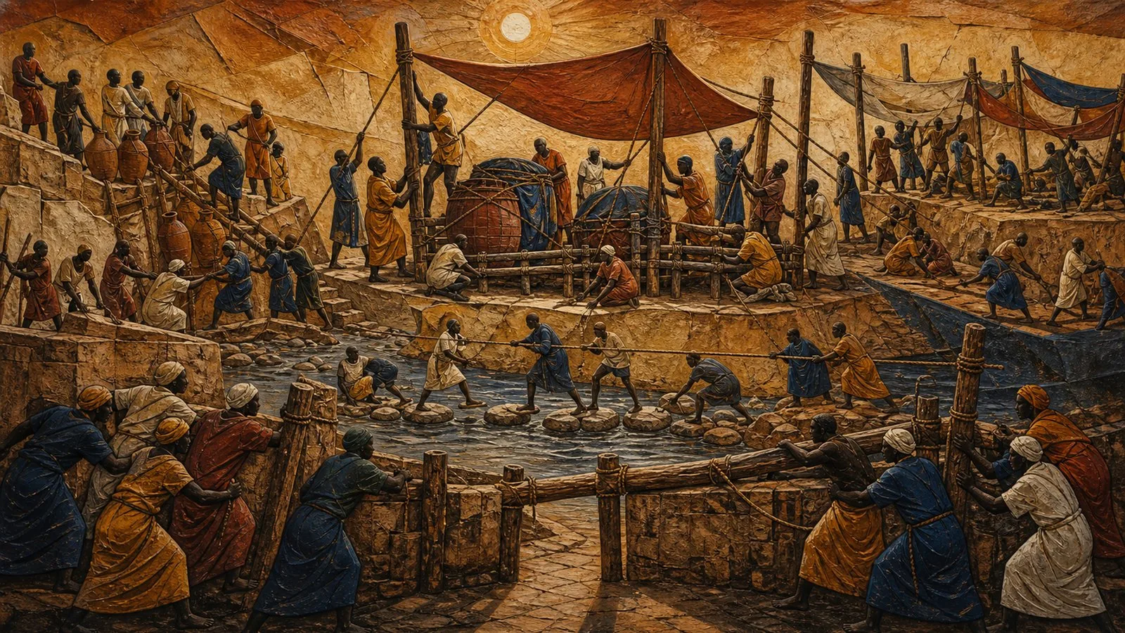 Panoramic central convergence populated by anonymous figures performing civic work, symbolically representing: Preparedness, relief and land care under climate strain, Public oversight across budgets, products and construction, External partnerships span cooperation and public friction, Livelihoods moving through regulated and contested gateways, Boundaries of security power and civic protection. Non-documentary editorial interpretation, not a photograph.