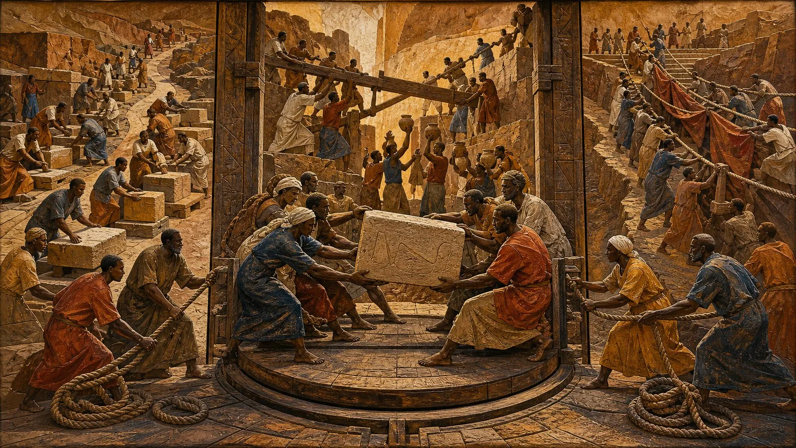 Panoramic triptych populated by anonymous figures performing civic work, symbolically representing: Security pressure across Djibouti & Kenya & Somalia & Sudan, Institutional pressure across Ethiopia & Kenya, Diplomatic movement across Djibouti & Somalia, Climate and resource pressure across Djibouti & Ethiopia, Ethiopia: economic pressure. Non-documentary editorial interpretation, not a photograph.