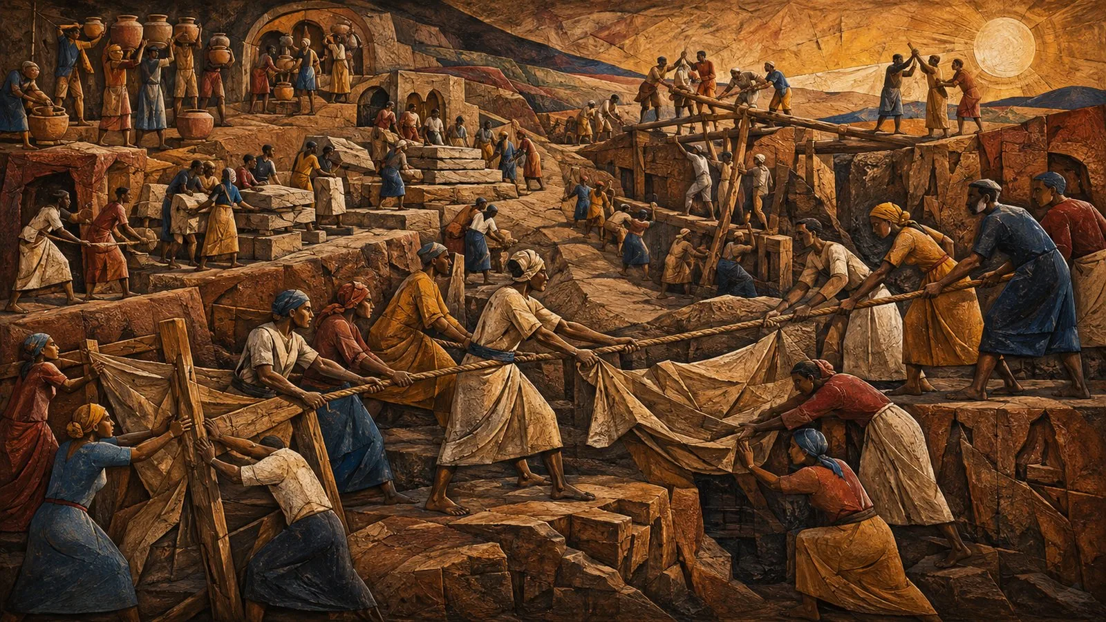Panoramic continuous panorama populated by anonymous figures performing civic work, symbolically representing: Cross-border channels surrounding Sudan's war, Security institutions and civilian space under strain, Domestic production priorities meet import and border pressures, New frameworks for technology, finance and public standards, Aid delivery and civilian movement amid war. Non-documentary editorial interpretation, not a photograph.