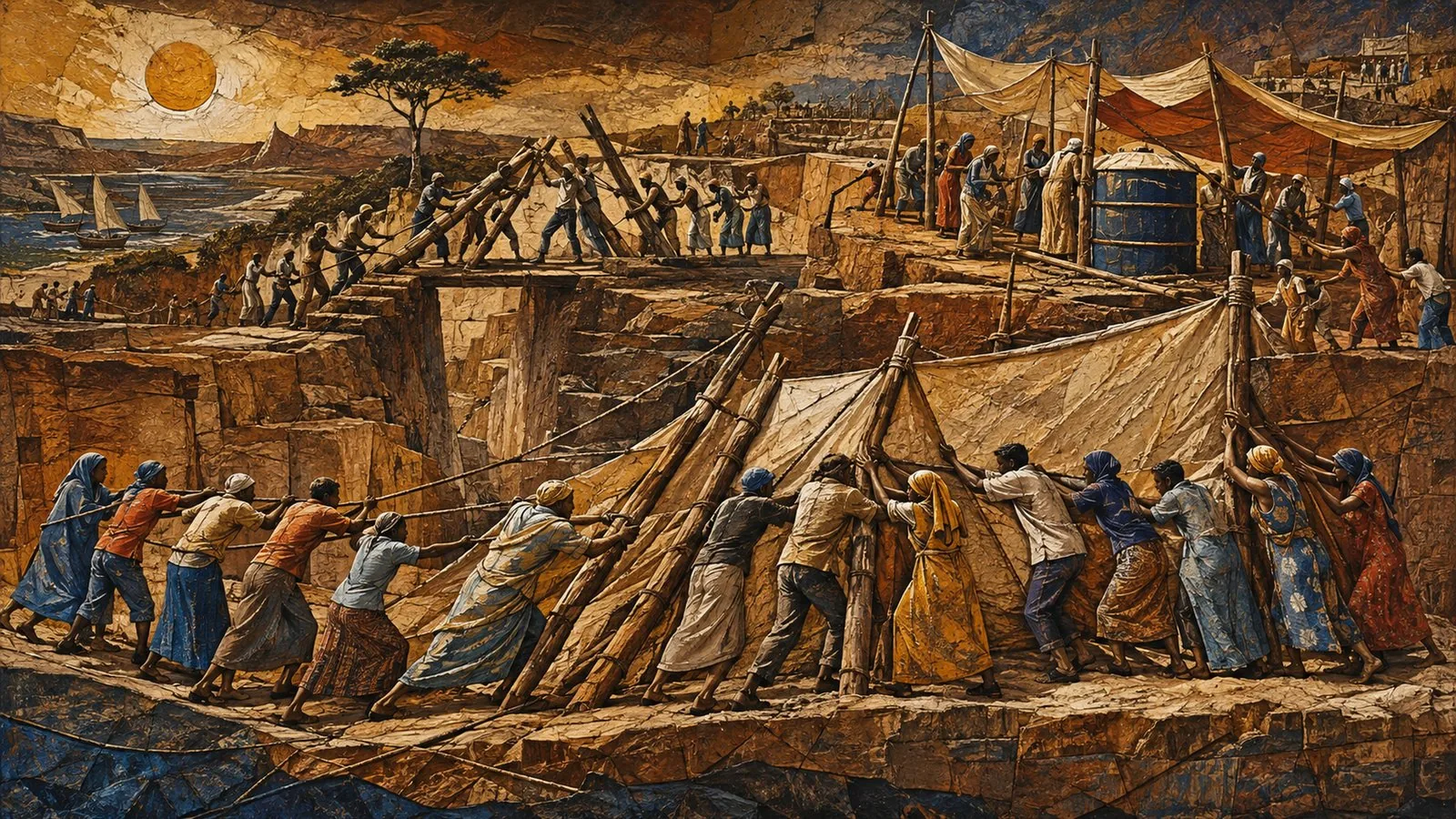 Panoramic terraced landscape populated by anonymous figures performing civic work, symbolically representing: Civilian safety amid contested authority in Somalia, Public systems under pressure for clarity and safeguards, Drought, displacement and pressure on food livelihoods. Non-documentary editorial interpretation, not a photograph.