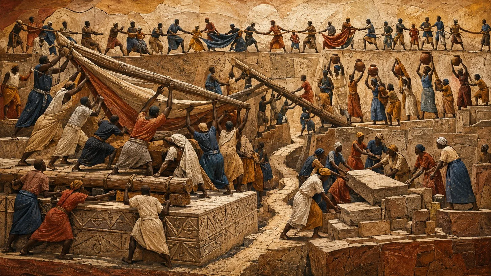 Panoramic processional frieze populated by anonymous figures performing civic work, symbolically representing: Market openings meet route and capacity constraints, Formal rules face tests of trust and equal treatment, Counting delivery, access and unmet demand, Safe passage amid displacement and aid constraints, Diplomatic channels carry recognition, water and corridor questions. Non-documentary editorial interpretation, not a photograph.