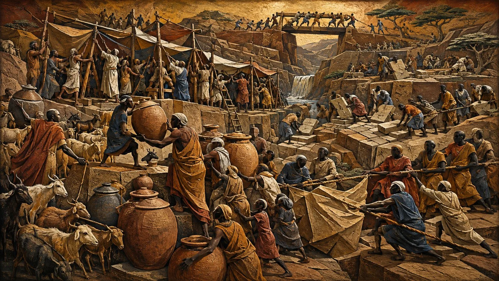 Panoramic terraced landscape populated by anonymous figures performing civic work, symbolically representing: Institutional pressure across Djibouti & Ethiopia & Kenya & Somalia, Security pressure across Djibouti & Somalia & Sudan, Diplomatic movement across Djibouti & Ethiopia & Somalia, Kenya: notable developments, Economic pressure across Ethiopia & Kenya. Non-documentary editorial interpretation, not a photograph.