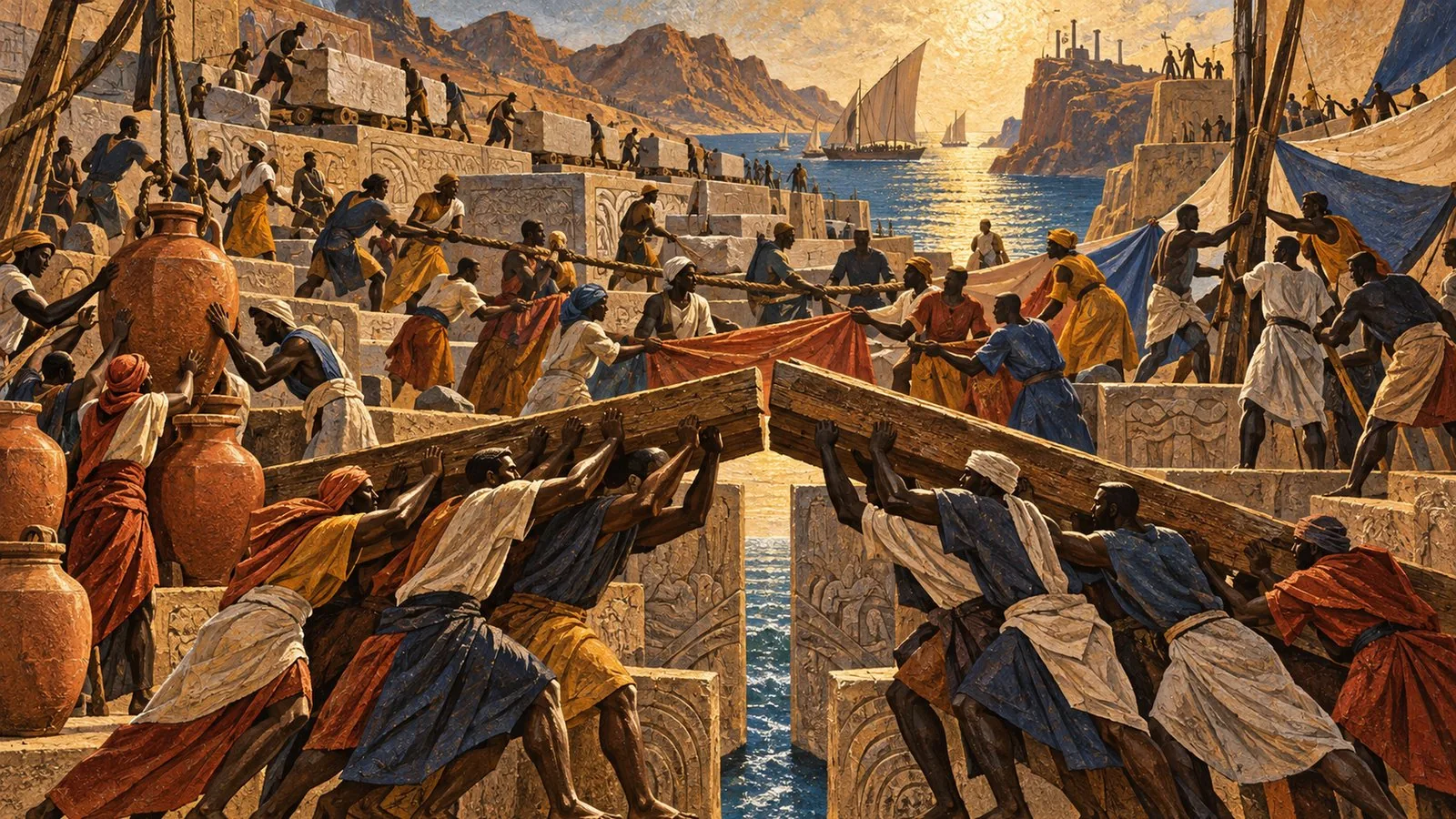 Panoramic central convergence populated by anonymous figures performing civic work, symbolically representing: Red Sea access and security diplomacy, Electoral and parliamentary procedures under scrutiny, Infrastructure choices around regional connectivity, Civilian protection amid displacement and disease, Digital capacity as ambition and daily dependency. Non-documentary editorial interpretation, not a photograph.