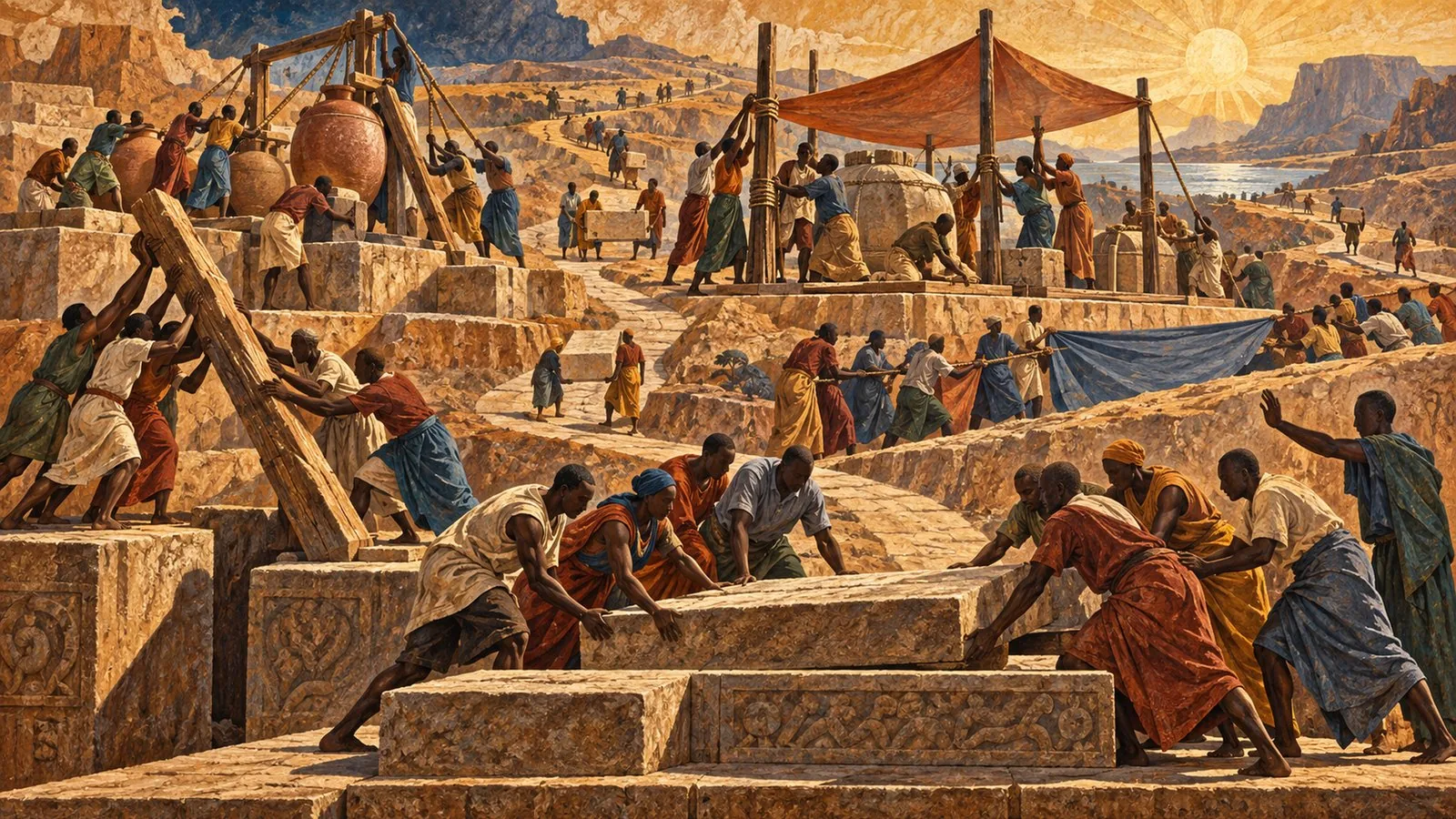 Panoramic continuous panorama populated by anonymous figures performing civic work, symbolically representing: Consent, courts and codified rules shape public authority, Borders and transport corridors face coordination pressure, Protection capacity under health and displacement pressure, Large investments meet legal and financing constraints, Resilience planning confronts continuing food and climate needs. Non-documentary editorial interpretation, not a photograph.