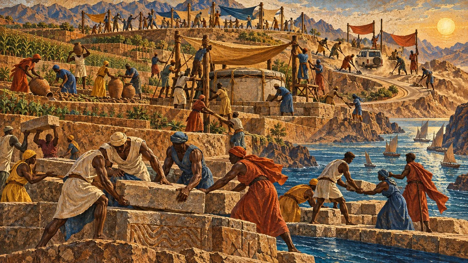 Panoramic terraced landscape populated by anonymous figures performing civic work, symbolically representing: Overlapping pressures around Red Sea and Gulf passages, Seasonal warning and early climate preparation, Domestic institutions defining public obligations, Uneven reach of health and emergency services, Food, currency, and hazardous work pressures in Sudan. Non-documentary editorial interpretation, not a photograph.